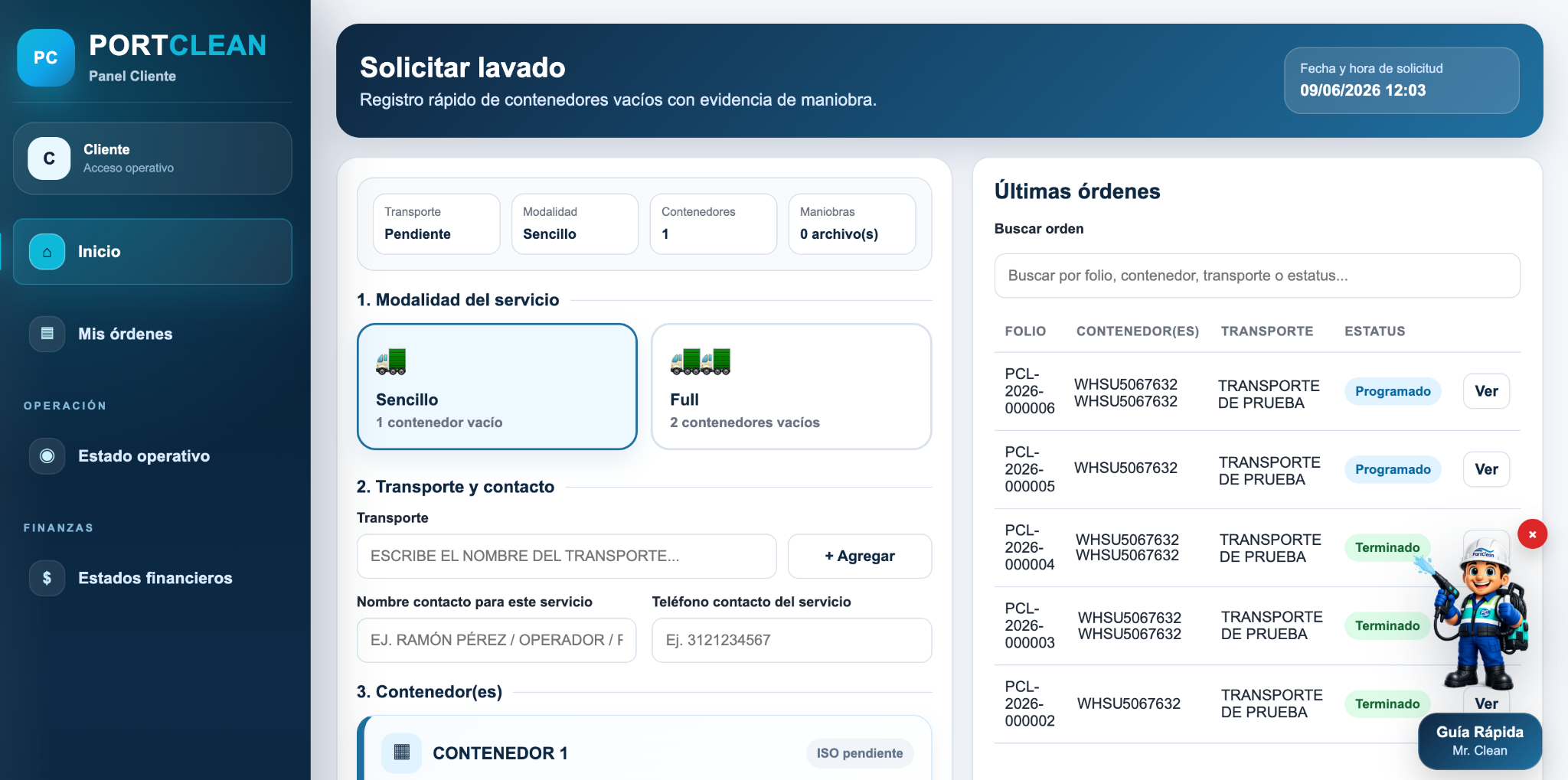 Panel cliente PortClean